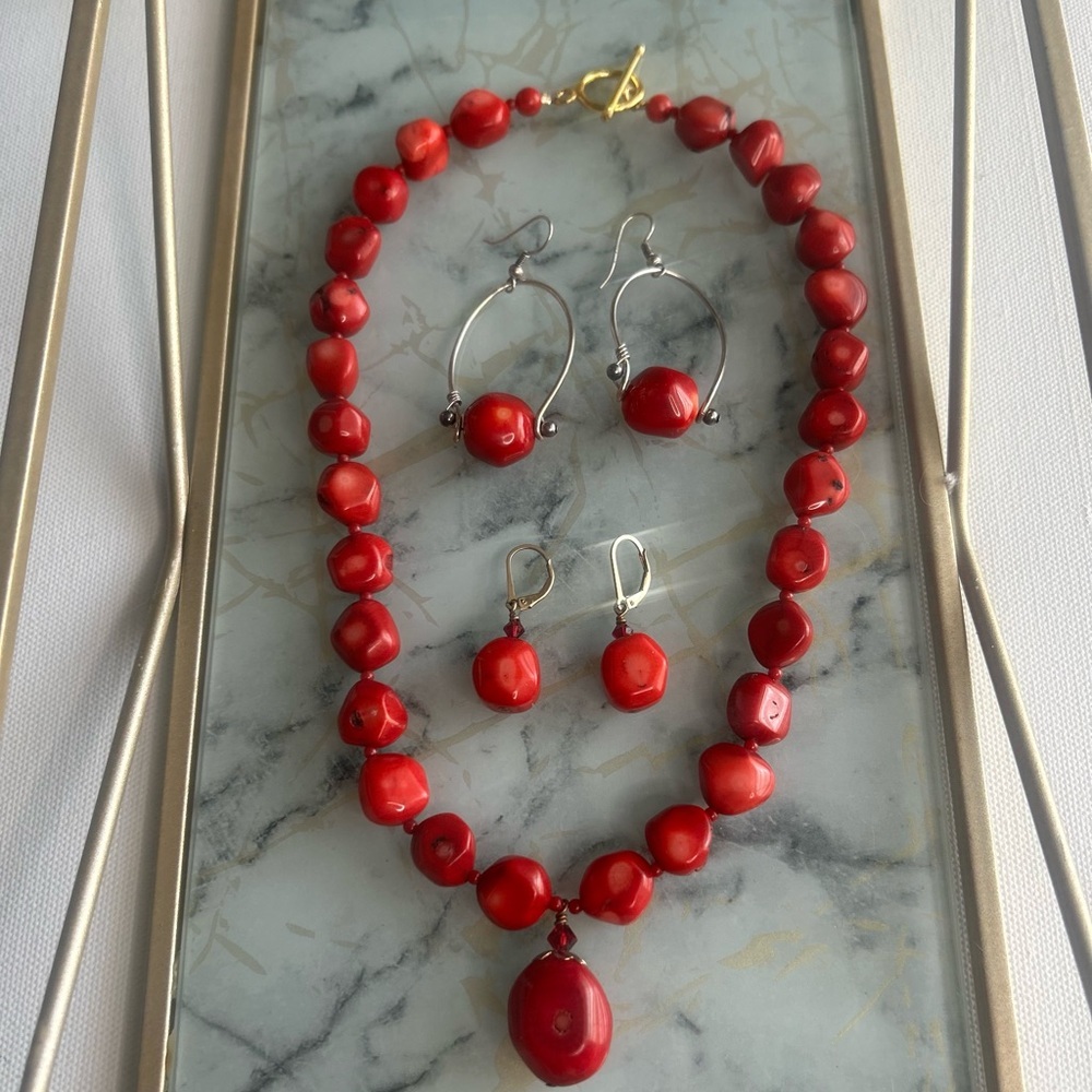 Set 14K Red Coral Earrings Necklace Gold and Silver Women’s Vintage Jewelry